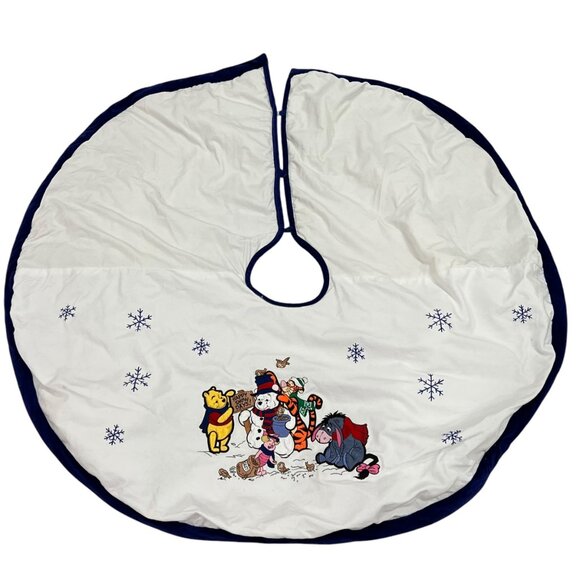 Disney Winnie The Pooh 1990s Christmas Tree Skirt Velvet Snowflake Blue Trim - Picture 3 of 7